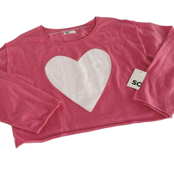 SO Sweaters - SO Juniors Pink Heart Cropped Sweater Size M Soft White Heart Coral Pink NWT